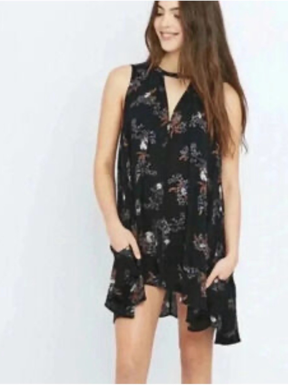Free People Tree Swing Floral Fairy Boho Whimsygoth Mini Dress Pockets Blk SZ XS